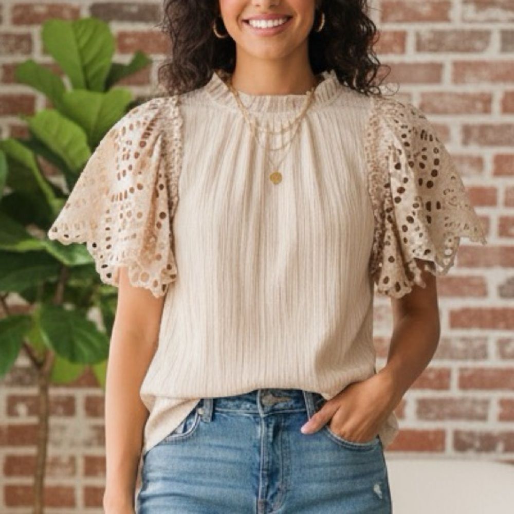 Anthropologie THML Flutter Lace Eyelet Crinkle Top Cream XS NWT $79